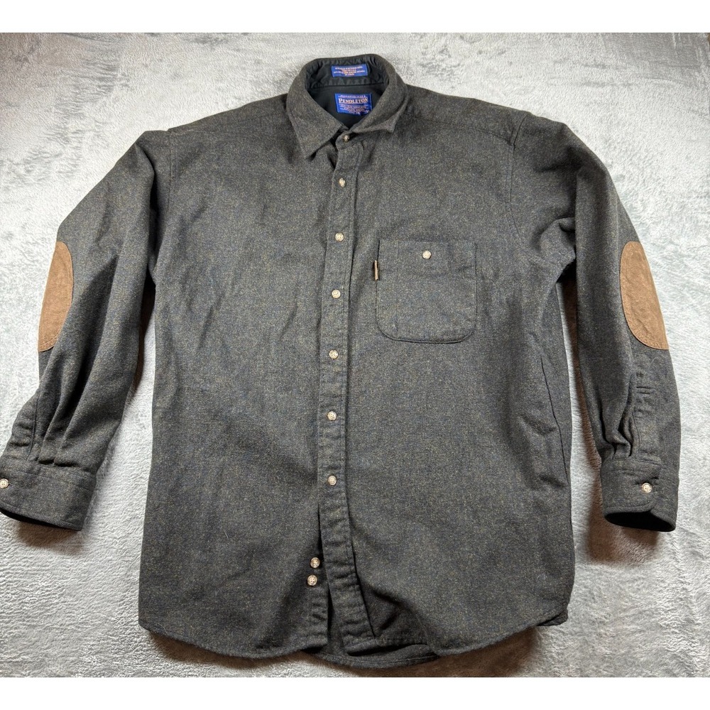 Pendleton 100% Virgin Wool Shirt Gray Elbow Patches Button Up M Made in Mexico